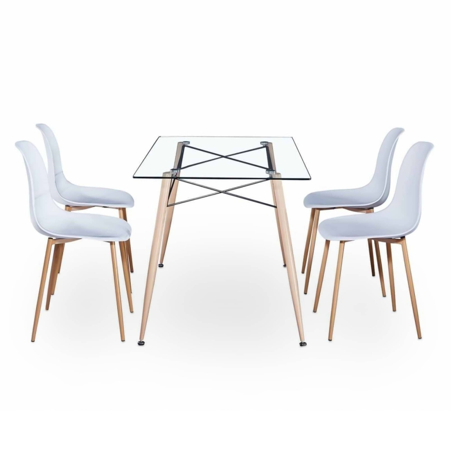 Table en verre avec 4 chaises blanches scandinaves