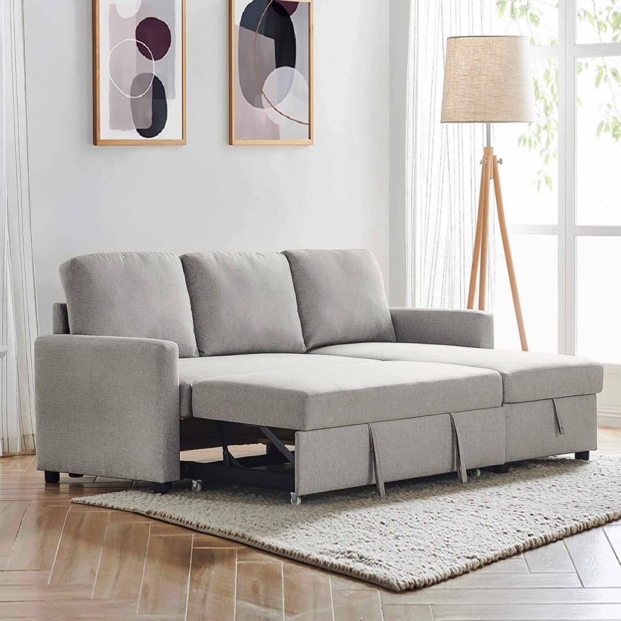 Canapé convertible avec coffre de rangement angle réversible en tissu gris